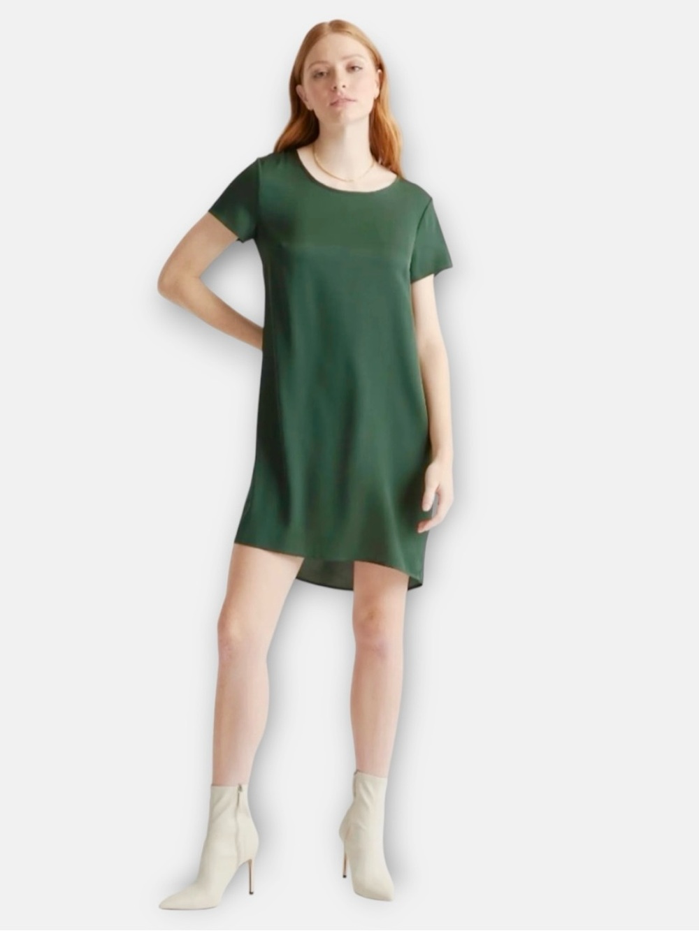 NWT Quince Washable Stretch Silk Tee Dress in Forest Green Size L - Picture 2 of 8